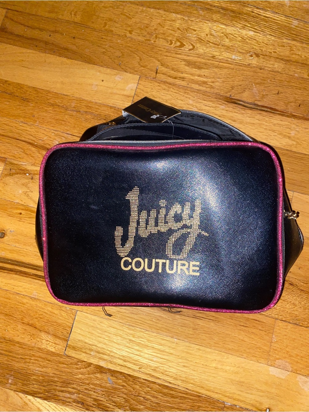 Juicy Couture Black Cosmetic Bag with Pink Trim and Gold Logo